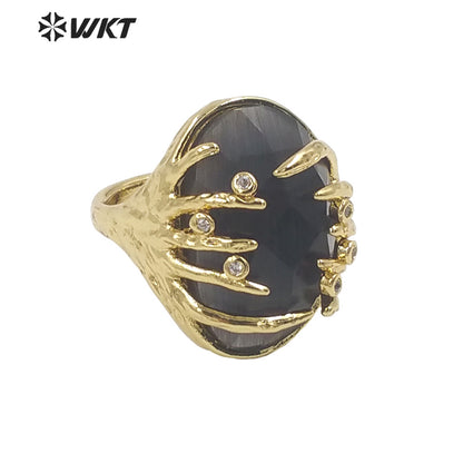 WT-R453 Wholesale Fashion Gold Bezel Claw Setting Oval Stone Ring Women Unique Trendy Cat Eye Stone Made Jewelry Party Ring