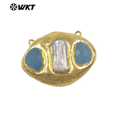 WT-PC021 Delicate 18K Gold Plated Two Natural Stones And Pearl Connectors With Double Hoops For Women Unique Necklace Design