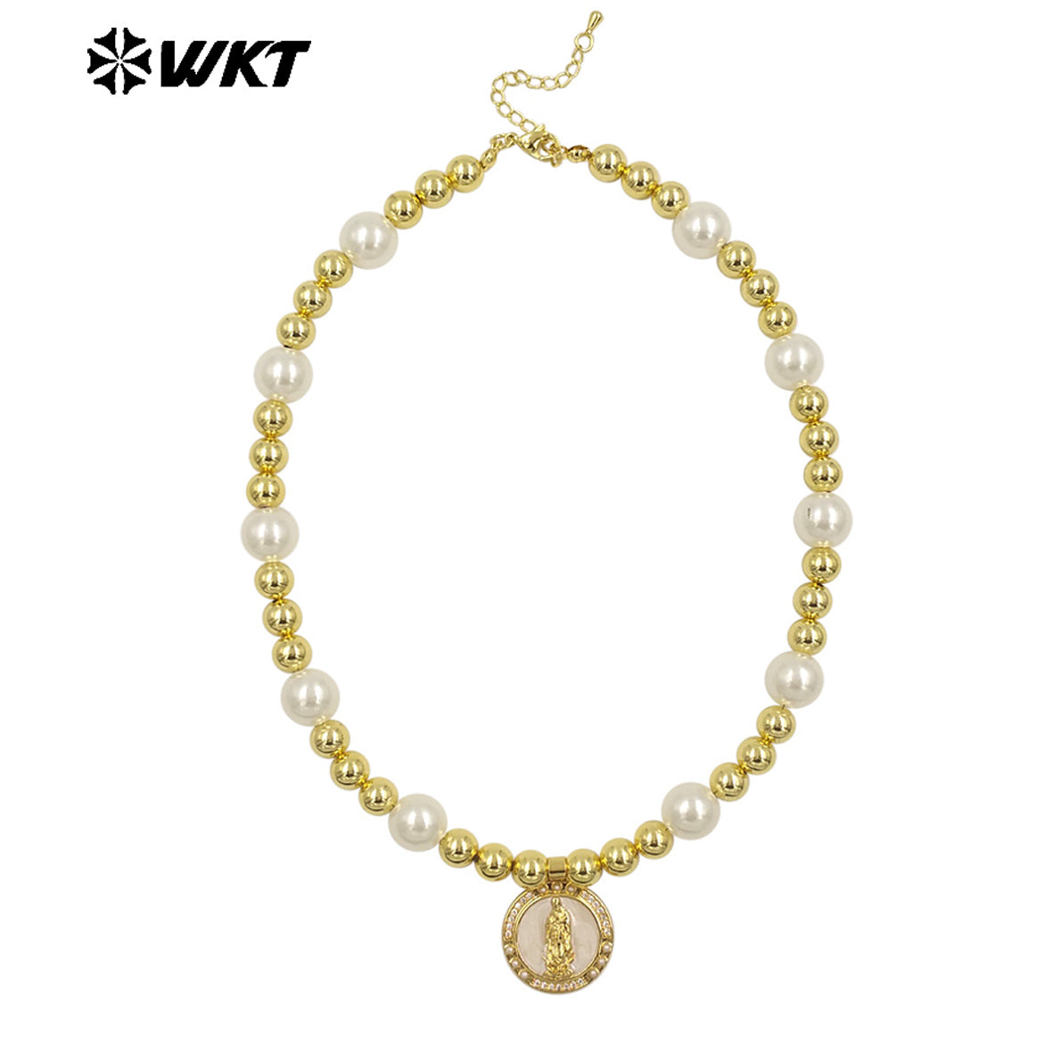 WT-JN304 Hot Sales 18K Gold Plated Natural Brass Round Beads Religious Bodhi Pearl Shell Necklace for Women As Daily Decoration