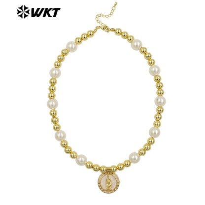 WT-JN304 Hot Sales 18K Gold Plated Natural Brass Round Beads Religious Bodhi Pearl Shell Necklace for Women As Daily Decoration