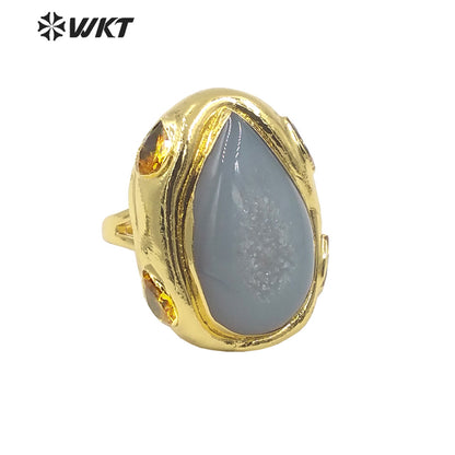 WT-R500 Gorgeous 18K Gold Plated Natural Druzy Geode Agate Teardrop Fashion Designer Unique Grey Stone Jewelry Ring