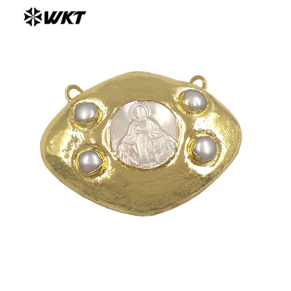 WT-PC022 High Quality Gold Plated Double Hoops Mother Of Pearl Religious Style Connector As Lady Handmade Jewelry Findings