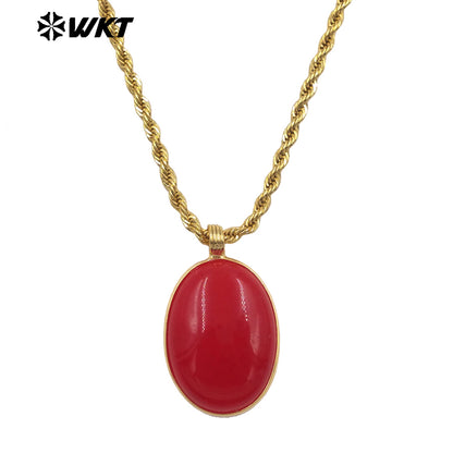 WT-N1539 Good Quality Yellow Brass Gold Plated Chain With Natural Gemstones Round Pendant Necklaces For Simple Style Jewelry