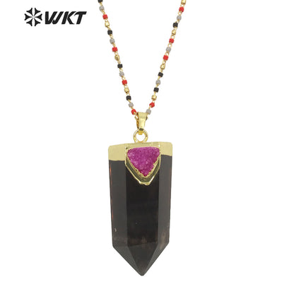 WT-N1291Wholesale Fashion Gold Plated Hexagon Quartz Point Stone Necklace Lady Populared Natural Gemstone Smoky Stone Necklace