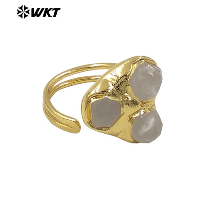 WT-R570 Popular Fashion Women Triple Gemstones Ring Assemble Triangle Shape Gold Plated Adjustable Size Lovely Jewelry Gift