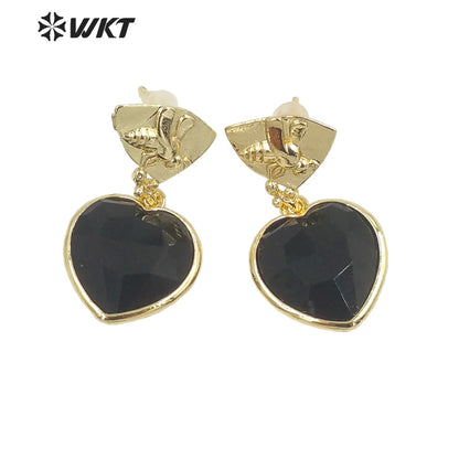 WT-E680 WKT Newest Fashion Small Lovely Heart Earrings Studs Gold Plated Natural Gemstone Women Stone Earrings