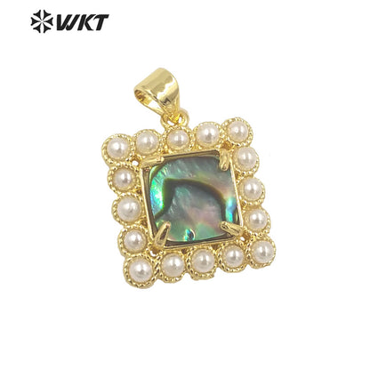 WT-JP356 Unique Gold Claw Setting Natural Square Abalone Shell Pendants With Artificial Pearl Charming Jewelry Pendants