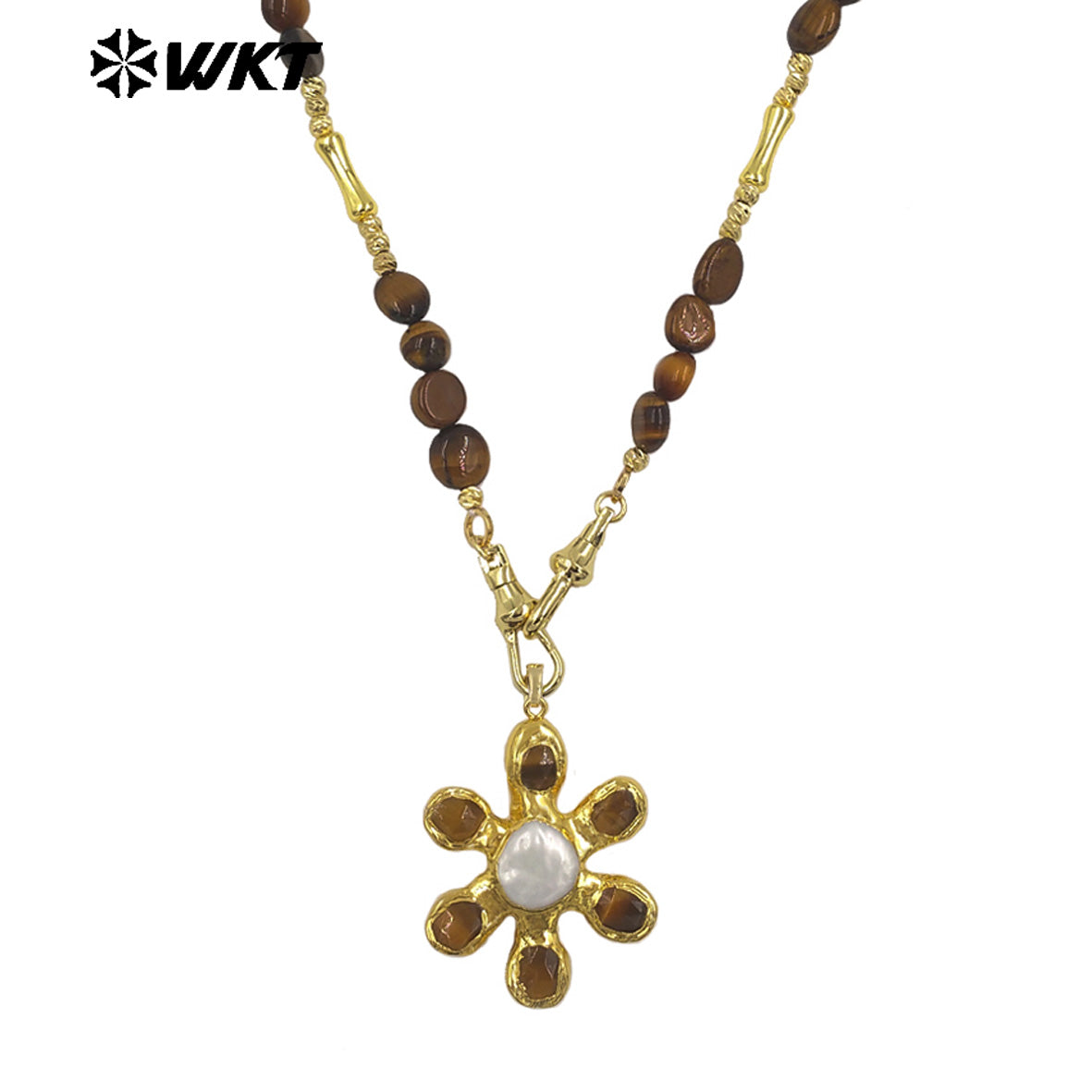 WT-JN379 Delicate Gold Plated Brass Splicing Beads Chain With Natural Stone And Pearl Flower Shape Pendants Necklaces As Gift