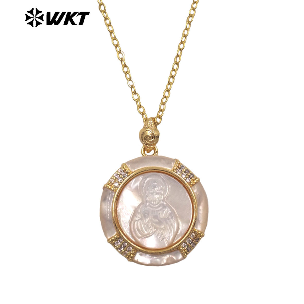 WT-JN364 Wholesale Gold Plated Natural Shell With Zircon Round Religious Style Pattern Pendant Necklace For Lady Jewelry