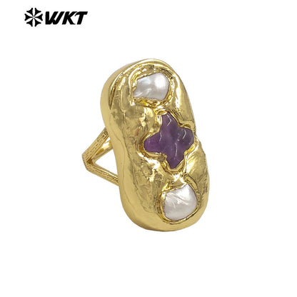 WT-MPR154 Exclusive Design Gold Plated Amethyst Natural Gemstone And Freshwater Pearls Cross Rectangle Rings For Party Jewelry