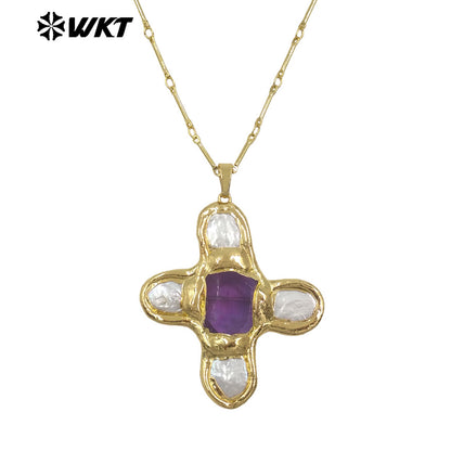 WT-JN169 Wholesale New Fashion Trendy Pearl Cross Shape Turquoises Pendant Necklace Gold Electroplated Necklace Green Stone