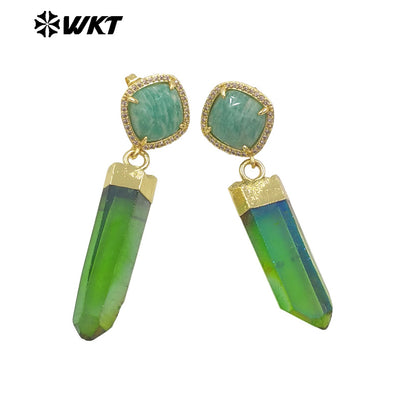 WT-E774 Explosive Models Small Zircon Round Aura Quartz and Gemstone 18K Gold Plated Long Earrings for Women As Anniversary Gift