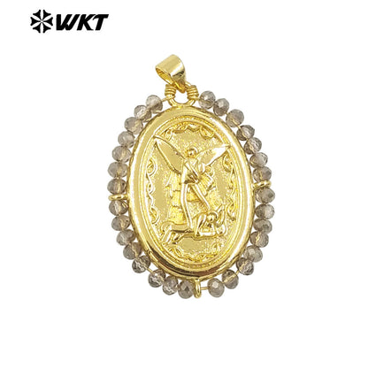 WT-MN990 Fashion Women 18K Real Gold Plated Oval Shape Crystal Wire Wrapped Guardian Angel Necklace for Christian