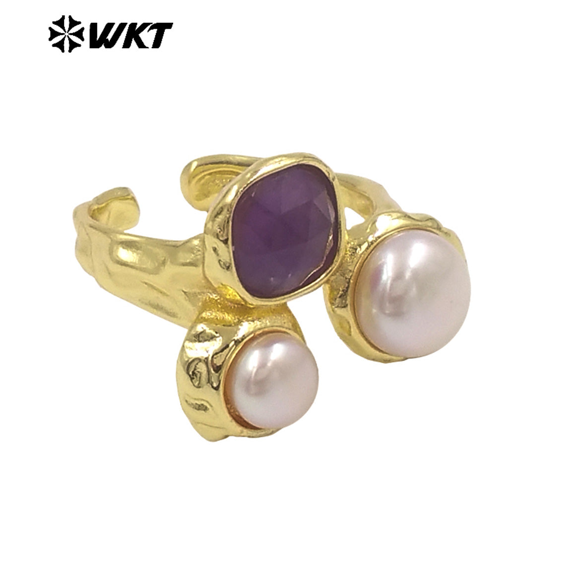 WT-MPR160 Wholesale Gold Electroplated Double Natural Freshwater Pearls And Stone Rings For Female Daily Decoration Jewelry