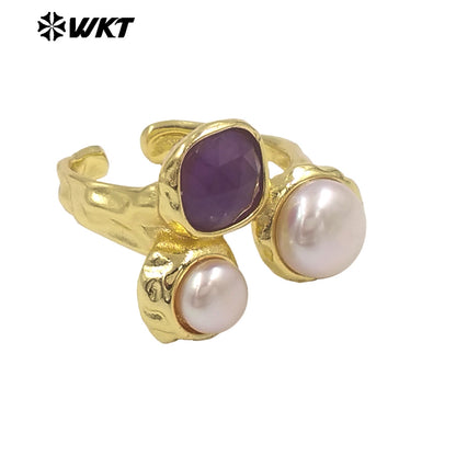 WT-MPR160 Wholesale Gold Electroplated Double Natural Freshwater Pearls And Stone Rings For Female Daily Decoration Jewelry