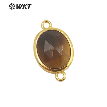 WT-C306 Wholesale Delicate Double Loops Stone Connector Jewelry Findings Chain Faceted Oval Shape Gemstone Charm Pendant