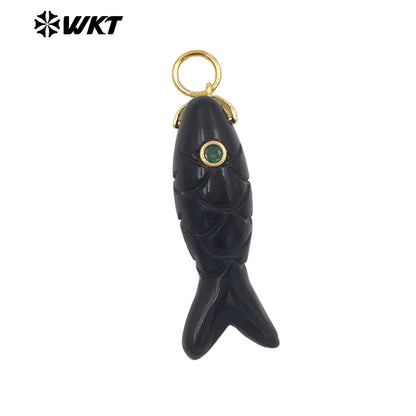 WT-P2069 Cute Design Zircon And Natural Gemstones Hand Carved Fish Shape Little Pendants For Lady Jewelry DIY Accessory