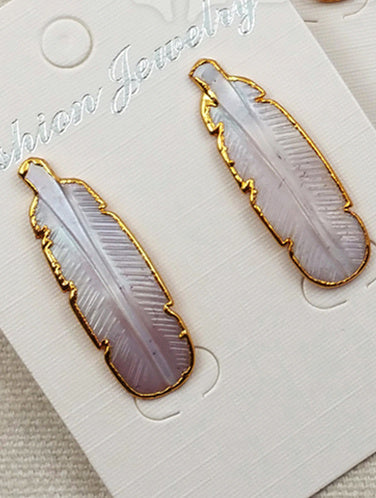 WT-E355 Amazing Hand Carved Natural Abalone Feather Studs Earrings, 24k Gold Trim Shell Feather Studs Earring