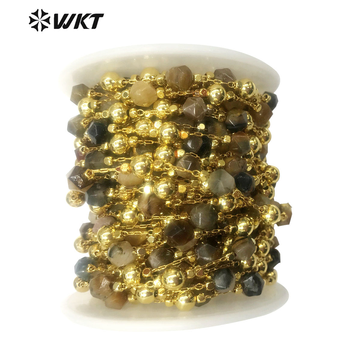 WT-RBC134 Wholesale Natural Stone Beads Chain Women Gold Plated Stone Beads Rosary Chain for Jewelry Making Jewelry Beads Chain