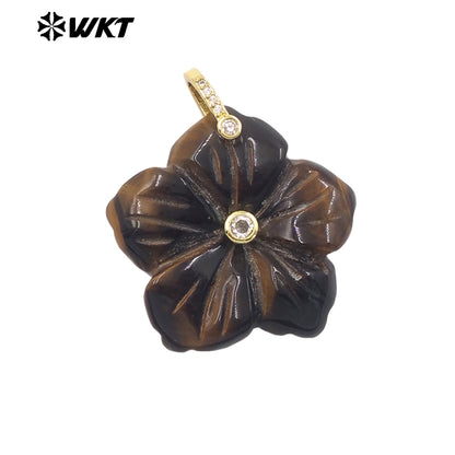 WT-P2029 Delicate Fashion Zircon And Natural Gemstones Hand Carved Lovely Flower Shape Pendant For Ladies Jewelry Making