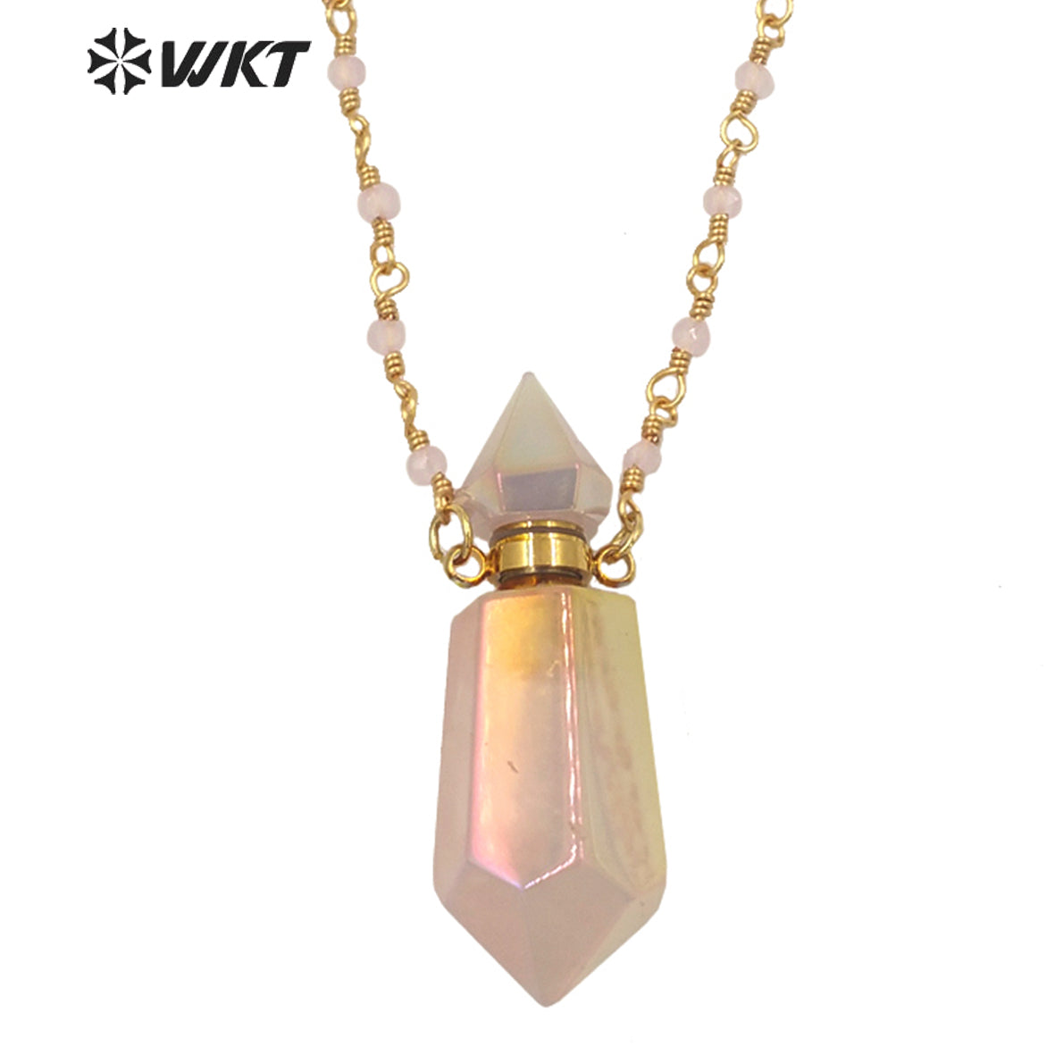 WT-N1331 Ins Hot Amazing Gorgeous Rose Quartz with Aura Perfume Bottle Necklace Essencial Oil Stone Bottle Pink Aura Stone