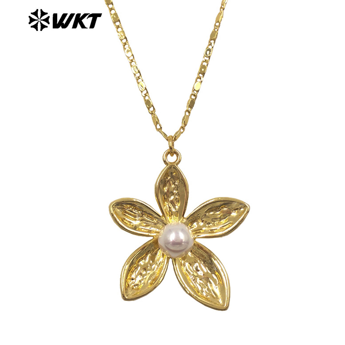 WT-N1516 Wholesale Trendy Metal Thin Chain With Gold Plated Brass And Artifical Pearl Flowers Pendant Necklace As Lady Matching