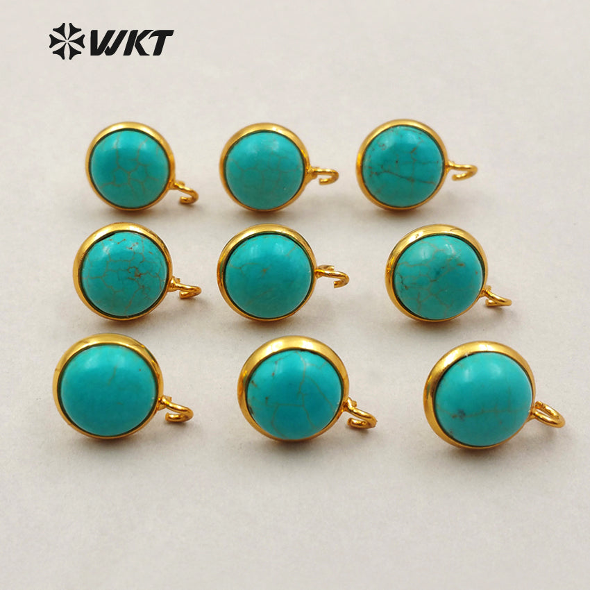 JF242 WKT Wholesale New Fashion Jewelry Findings Round Shape Real Gold Plated Green Turquoise Stud Earrings
