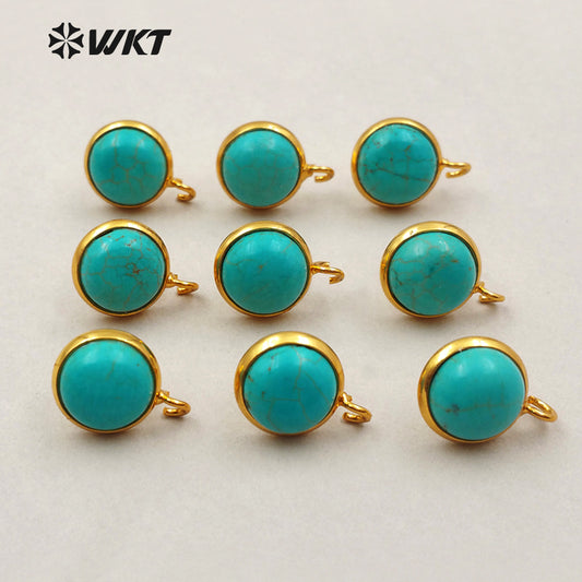 JF242 WKT Wholesale New Fashion Jewelry Findings Round Shape Real Gold Plated Green Turquoise Stud Earrings