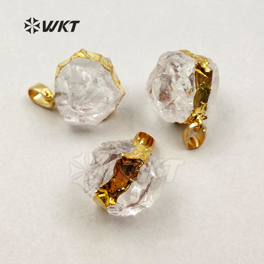 WT-P1233 WKT Wholesale Hammered Raw Crystal Quartz Round Stone Pendant with Gold Plated, Fashion Crystal Stone Pendant