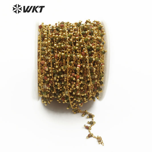 WT-RBC088 Multi-purpose Jewelry Making Necklace Bracelet Jewelry New Bean Green Granite Stone with Unakite Rosary Brass Chain