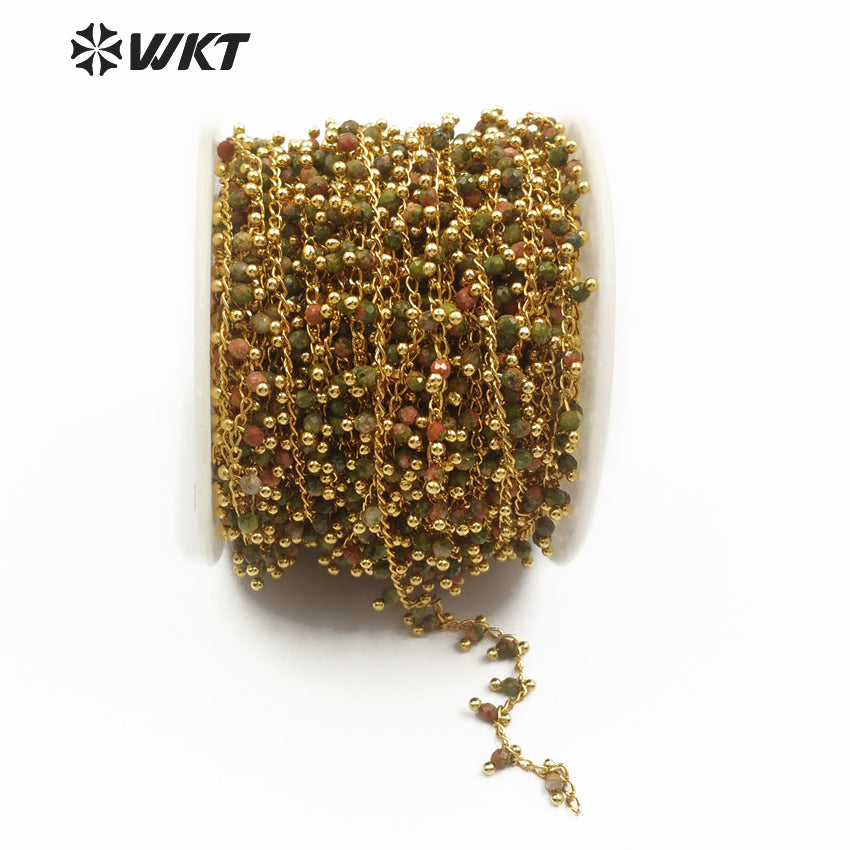WT-RBC088 Multi-purpose Jewelry Making Necklace Bracelet Jewelry New Bean Green Granite Stone with Unakite Rosary Brass Chain