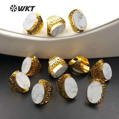 WT-R268 Simple Ring 24K Gold Plated Natural White Turquoise Ring for Women Wholesale Gold Bezel Ring