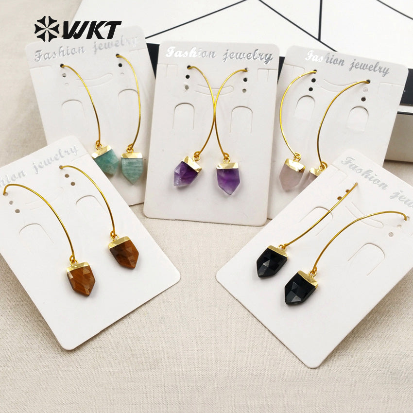 WT-E412 WKT New Fashion Real Gold Plated Hook Tapered Shape Gemstone Earrings With Unique Design Amethyst Earrings for Women