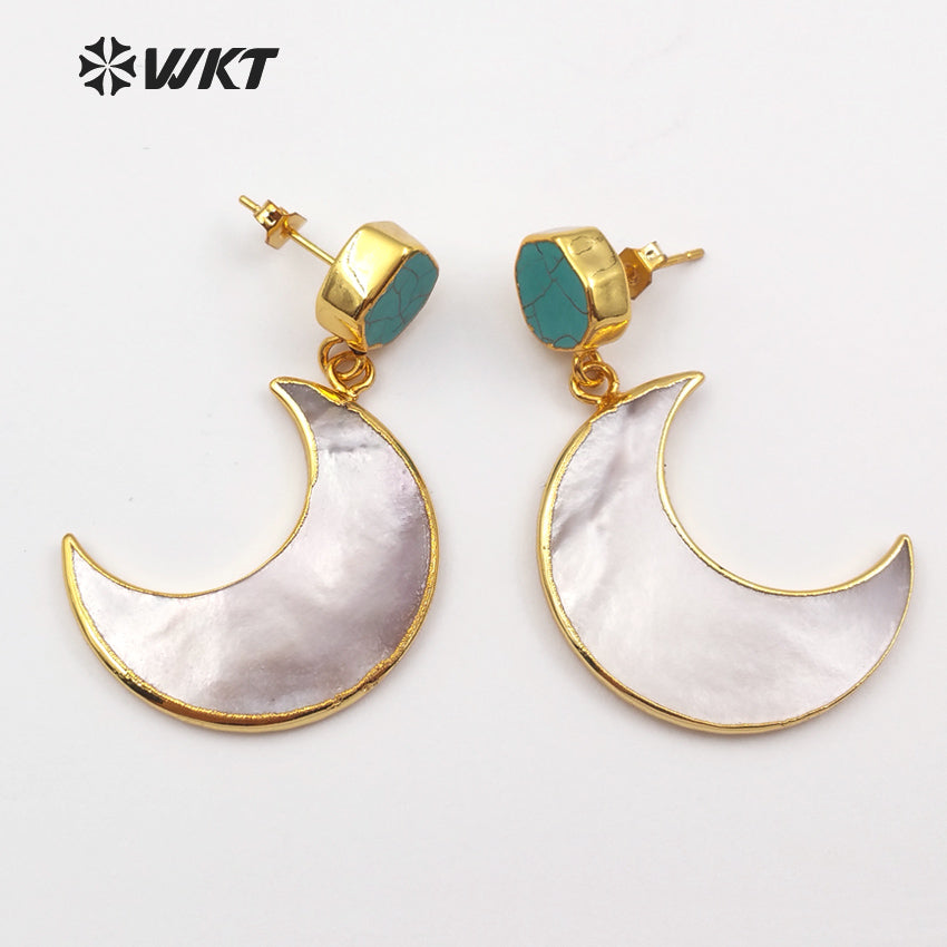 WT-E430 Exquisite Design Open Moon Shape Pearl Shell Mosaic Green Stone Gold Dipped Drop Earring for Women Fashion Earring