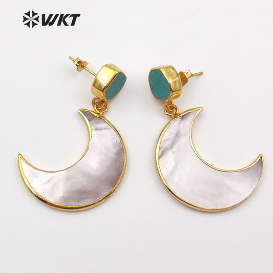 WT-E430 Exquisite Design Open Moon Shape Pearl Shell Mosaic Green Stone Gold Dipped Drop Earring for Women Fashion Earring