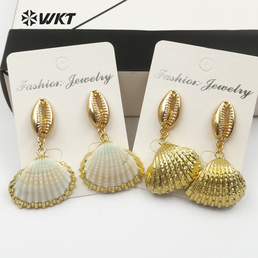 WT-E439 Wholesale New Arrived Shell Earrings for Girl With 18k Gold Plated Natural While Scallop Shell Earrings for Summer