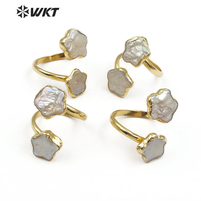WT-R327 Stylish Small and Cute Natural Shell Rings With Pearls Dotted Flower Shape Ladies Double Layer Adjustable Pearl Rings