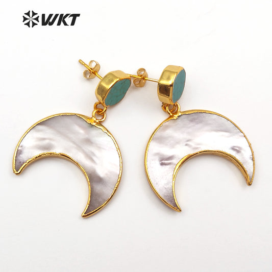 WT-E429 Exquisite Design Crescent Shape Pearl Shell Mosaic Natural Stone Gold Dipped Drop Earring Gift for Women