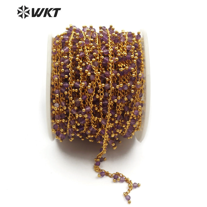 WT-RBC087 Fashion Beautiful Mysterious High Quality Necklace Bracelet Chain Purple Natural Amethyst Stone Brass Rosary Chain