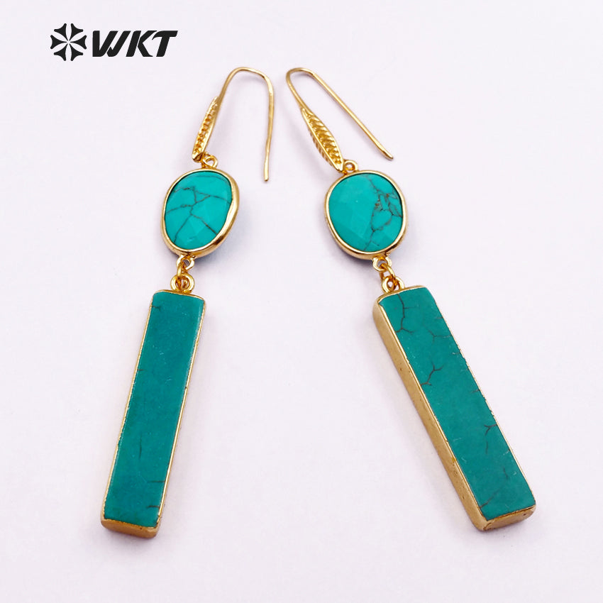 WT-E423 New!!! Green Natural Stone Strip Fashion Style Hook Earrings Rectangle Oval 24K Plated Earrings Faced Stone Earrings