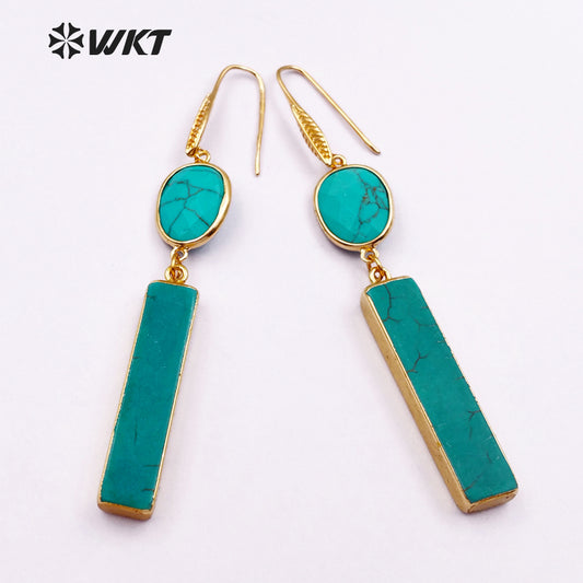 WT-E423 New!!! Green Natural Stone Strip Fashion Style Hook Earrings Rectangle Oval 24K Plated Earrings Faced Stone Earrings
