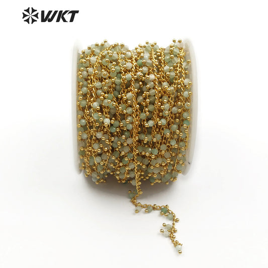 WT-RBC084 Wholesale Fashion Chain Sales by Meter a Combination of Green Chalcedony and Gold Beads Light Green Rosary Brass Chain