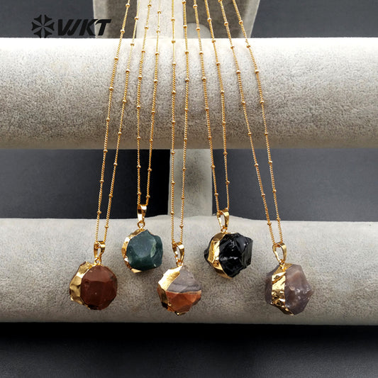 WT-N1086 WKT Wholesale New Fashion Natural Raw Stone Charm 24k Real Gold Plated Agate Ball Necklace