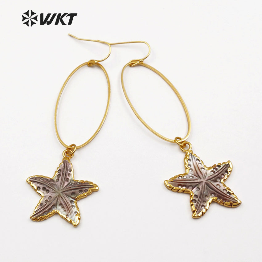 WT-E437 WKT Wholesale Natural Shell Star Earrings Dangle Ring With Sea Star Shape Pendant Elegant Earrings for Women Gift Making