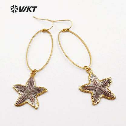 WT-E437 WKT Wholesale Natural Shell Star Earrings Dangle Ring With Sea Star Shape Pendant Elegant Earrings for Women Gift Making