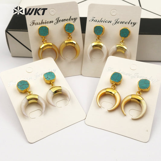 WT-E427 New Vintage Design Crescent Shape Natural Shell Drop Earring With Green Stone on Top Push Earring for Fashion Women