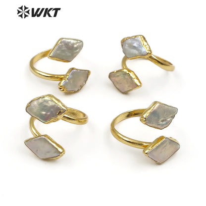 WT-R326 Classic Ring With Natural Shell Ring Embellished Geometric Elements Rhombus Ladies Double Layer Adjustable Pearl Ring
