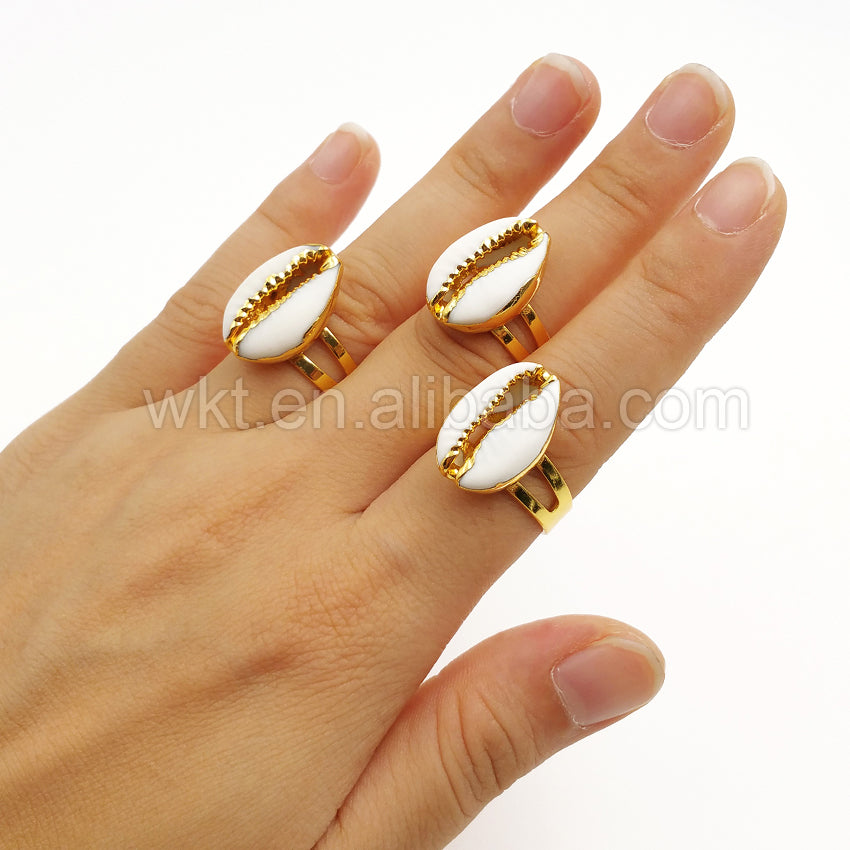 WT-R249 New!!! Handmade Cowries Shell Ring with 24k Real Gold Plated Shell Ring,Women Genuine Cowrie Shell Ring