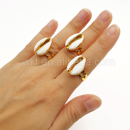 WT-R249 New!!! Handmade Cowries Shell Ring with 24k Real Gold Plated Shell Ring,Women Genuine Cowrie Shell Ring