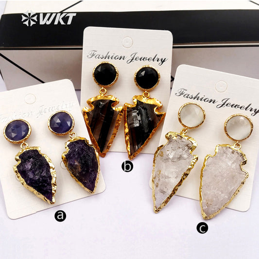 WT-E424 in Stock Classic Shield Style Dangle Earrings Beautiful Crystal Quartz Metal Plated Stone Earrings About a Lot/5pairs